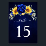 Numeração De Mesa Casamento Floral Moderno de Girassol Russo Real<br><div class="desc">A mesa de casamento elegante e moderna rústica apresenta girassol amarelo brilhante,  pénia azul-real,  hálito de bebê,  chiclete/coroa floral cigana com folhas de eucalipto. Por favor,  encontre mais designs e variações na minha loja de "blisswedingpaperie". E fique à vontade para me contactar para mais personalizações ou itens correspondentes.</div>