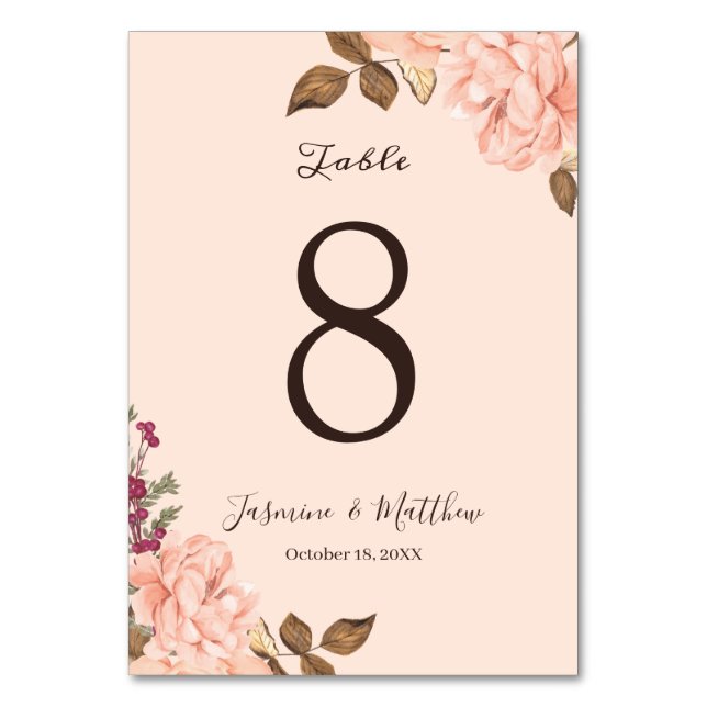 Numeração De Mesa Casamento Floral por Aquarela Rosas Victoria Blush (Frente)