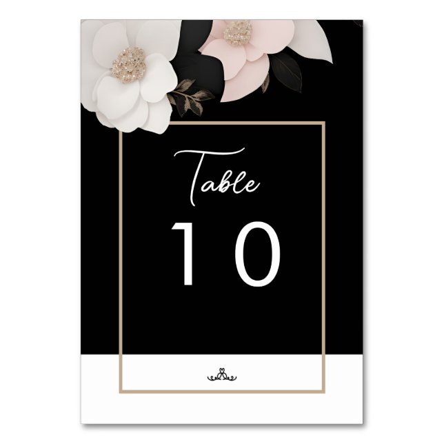 Numeração De Mesa Casamento floral preto e branco de bijuterias (Frente)