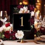 Numeração De Mesa Casamento Floral Preto Escuro-Moody Burgundy<br><div class="desc">Personalize sem esforço este elegante número da mesa de casamento com apenas alguns cliques. Use o botão "Editar usando ferramentas de Design para personalizar o texto, alterar fontes e ajustar as cores da fonte para corresponder ao seu tema. Esta design apresenta flores de peônia espantosas, realistas e brilhantes, colocadas sobre...</div>