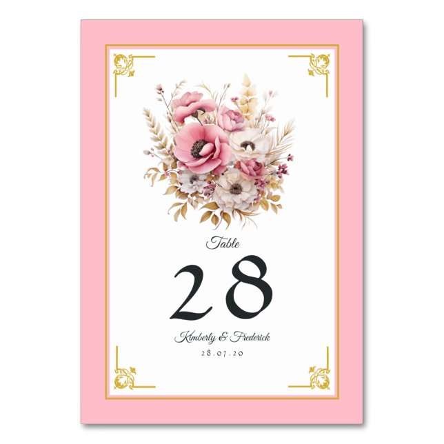 Numeração De Mesa Casamento Floral Rosa e Dourado (Frente)