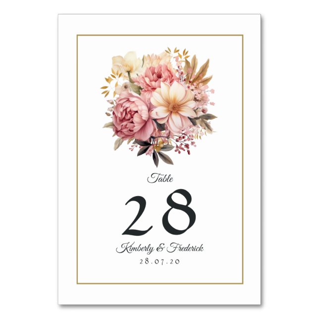 Numeração De Mesa Casamento Floral Rosa e Dourado (Frente)