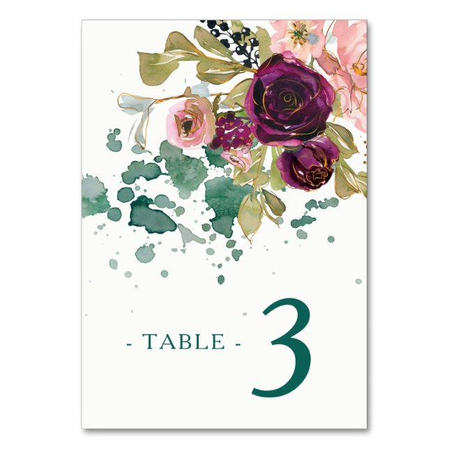 Numeração De Mesa Casamento Floral Rosa Teal Burgundy (Frente)