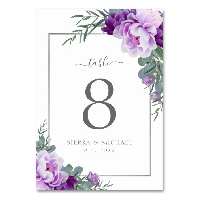 Numeração De Mesa Casamento Floral Roxo e Prata Elegante Moderno (Frente)
