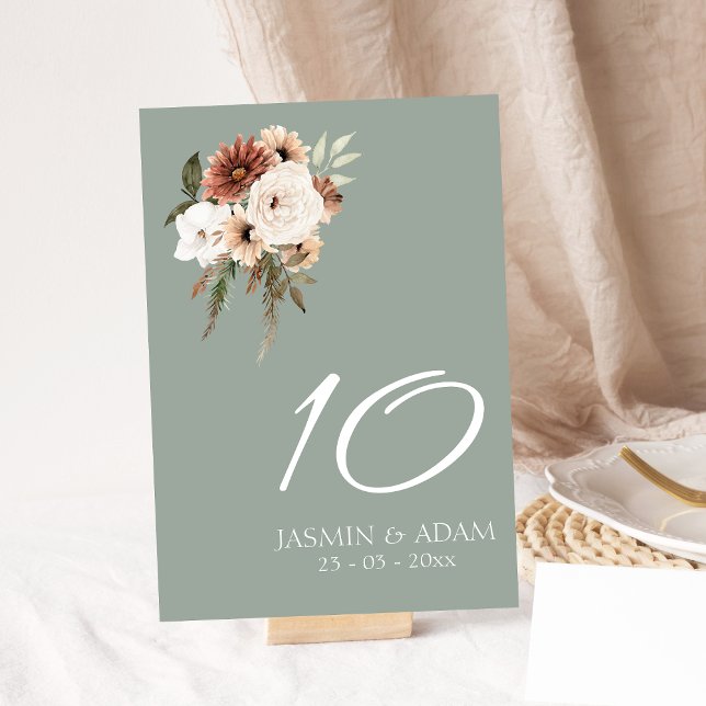 Numeração De Mesa Casamento Floral Rustic Sage Green Peach (Rustic Sage Green Peach Floral Wedding Table Number)