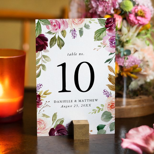 Numeração De Mesa Casamento Floral Rústico Rosa Burgundy e Roxo (Criador carregado)