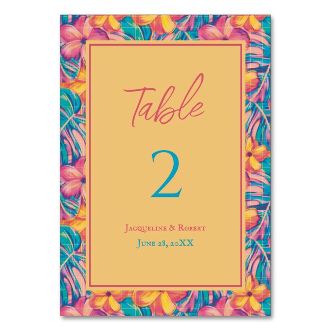 Numeração De Mesa Casamento Floral Tropical Rosa e Amarelo (Frente)