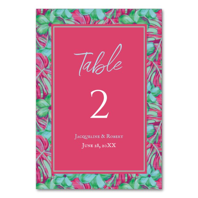 Numeração De Mesa Casamento Floral Tropical Rosa e Verde (Frente)
