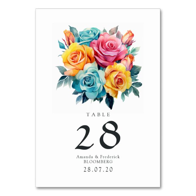 Numeração De Mesa Casamento Floral Turquesa, Amarelo e Rosa (Frente)