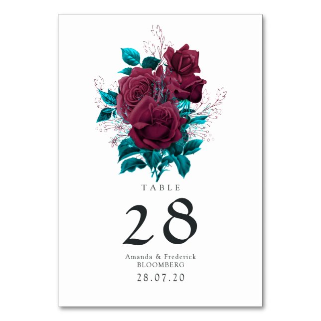 Numeração De Mesa Casamento Floral Turquesa e Borgonha (Frente)