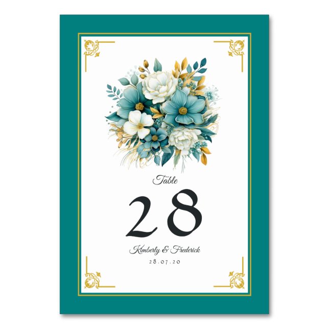 Numeração De Mesa Casamento Floral Turquesa e Dourado (Frente)