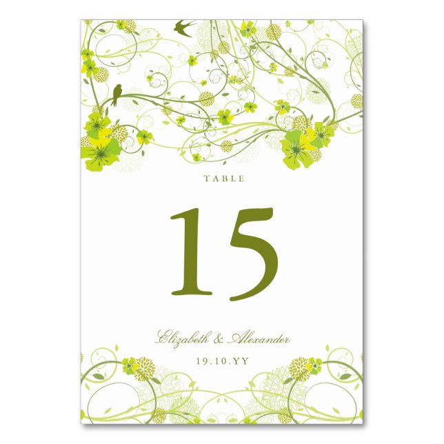 Numeração De Mesa Casamento Floral Verde Hibiscus Swirls & Swallow (Frente)
