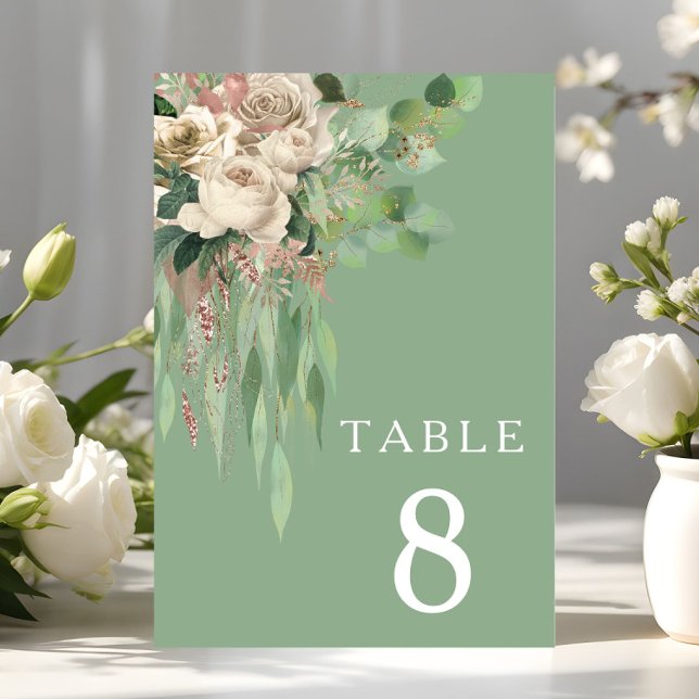 Numeração De Mesa Casamento Floral Verde Moderno (Modern Green Floral Wedding Table Number)