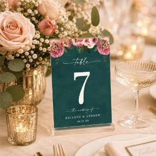Numeração De Mesa Casamento Floral Verde Teal Profundo Chic Blooming