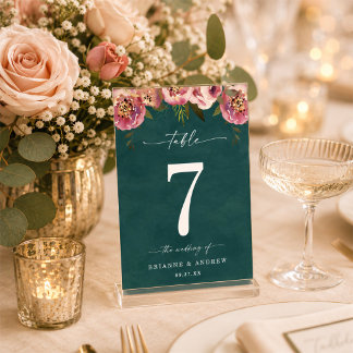 Numeração De Mesa Casamento Floral Verde Teal Profundo Chic Blooming