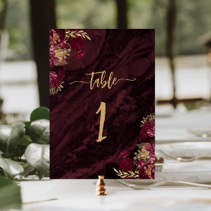 Numeração De Mesa Casamento Floral Vermelho Borgonha Elegante Dourad