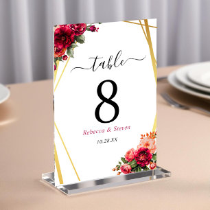 Numeração De Mesa Casamento floral vermelho rosa chic e dourado fals