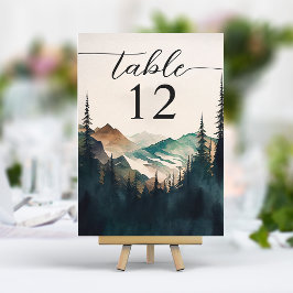 Numeração De Mesa Casamento Floresta de Pinheiros Montanhas Aquarela