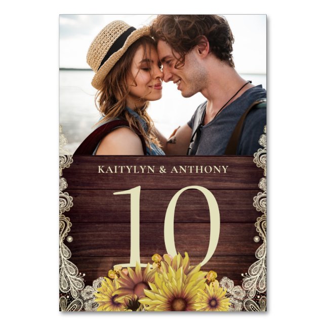 Numeração De Mesa Casamento Fotográfico de Sunflower Wood Ivory Lace (Frente)