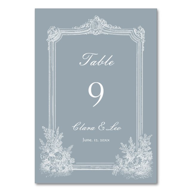 Numeração De Mesa Casamento Francês no Campo Azul Ardósia (Frente)