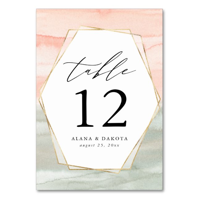 Numeração De Mesa Casamento Geométrico com Aquarela Rosa e Verde em  (Frente)