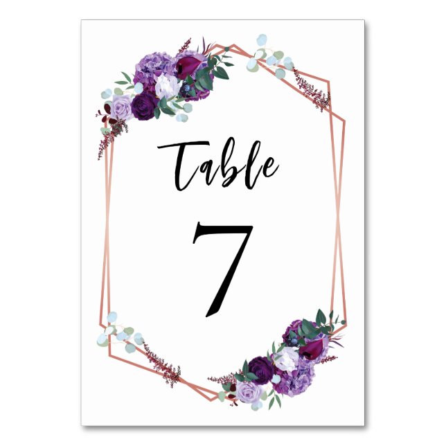 Numeração De Mesa Casamento Geométrico Dourado Rosa Floral Roxo (Frente)