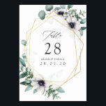 Numeração De Mesa Casamento Geométrico Eucalyptus Anemone<br><div class="desc">Verduras geométricas de eucalipto e flores de papoila em tons pastéis cartões de números de mesas de casamento com moldura geométrica dourada e lavagem com aquarela de menta inversa.</div>
