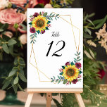 Numeração De Mesa Casamento Geométrico Floral de Sunflower Burgundy<br><div class="desc">Esta mesa de casamento apresenta um design moderno com girassóis de cor d'água, rosas burgundy, folhagem e uma falsa estrutura geométrica dourada. A frente e a parte traseira das placas têm o mesmo design. Para solicitar, digite o número da tabela e clique em "Adicionar ao carrinho" para cada número da...</div>