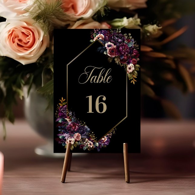 Numeração De Mesa Casamento Geométrico Floral Preto-Roxo (Criador carregado)