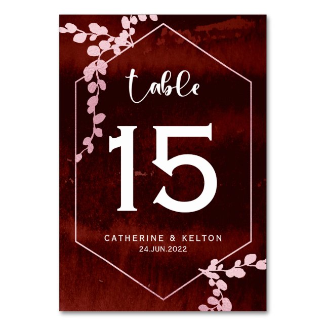 Numeração De Mesa Casamento Geométrico Floral Rustic Burgundy Pink (Frente)