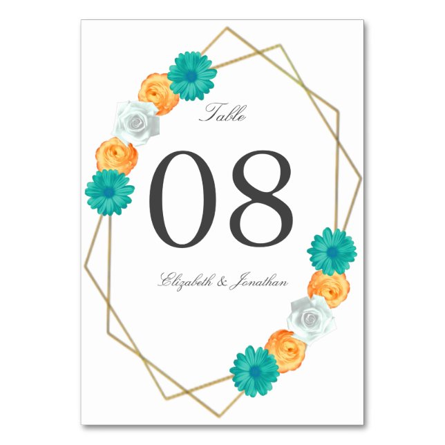 Numeração De Mesa Casamento Geométrico Laranja Teal Floral (Frente)