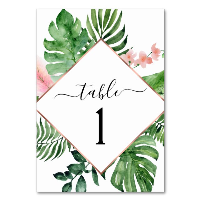 Numeração De Mesa Casamento Geométrico Tropical Palm Watercolor (Frente)