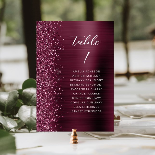 Numeração De Mesa Casamento Glam Glitter Metálico Script Borgonha (Criador carregado)