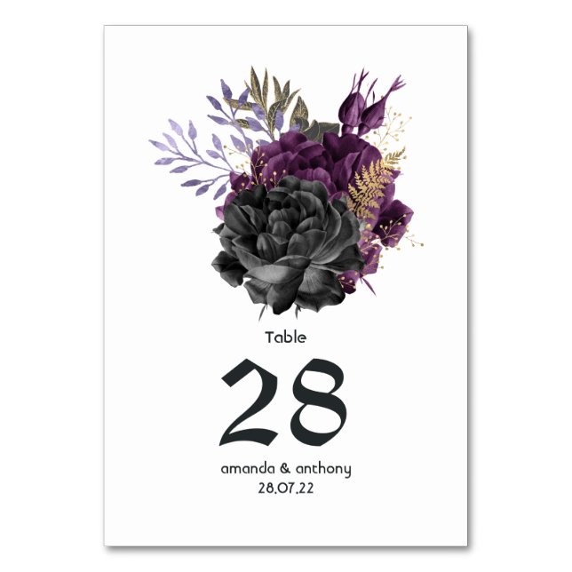 Numeração De Mesa Casamento Gótico Roxo Preto e Dourado (Frente)