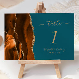 Numeração De Mesa Casamento Laranja Queimado Dourado Ágata Azul Turq