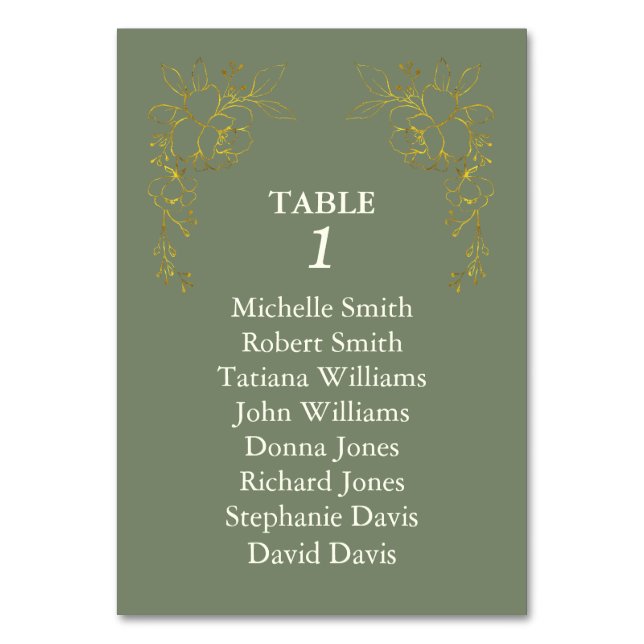 Numeração De Mesa Casamento Luxo Flores Douradas Marfim Verde Sage (Frente)
