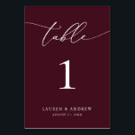 Numeração De Mesa Casamento Minimalista do Burgundy Wine | Personali<br><div class="desc">(**NOTA: Para solicitar,  basta ajustar o número da tabela (e o nome/data) e adicionar cada número ao carrinho separadamente. Em seguida,  faça check-out assim que terminar.) Belo,  elegante,  moderno e minimalista,  cartão de número de mesa. Totalmente personalizável com seus nomes (ou Nome do Evento) e Data.</div>