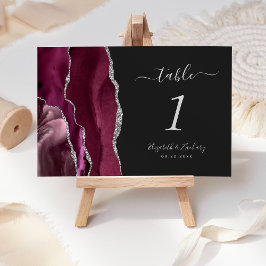 Numeração De Mesa Casamento Moderno Burgundy Prata Ágata Escura