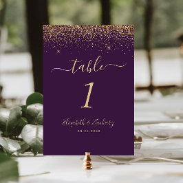 Numeração De Mesa Casamento Moderno com Brilho Dourado e Borda Roxa