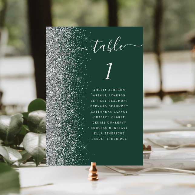 Numeração De Mesa Casamento Moderno com Brilho Prateado e Verde Escu (Criador carregado)