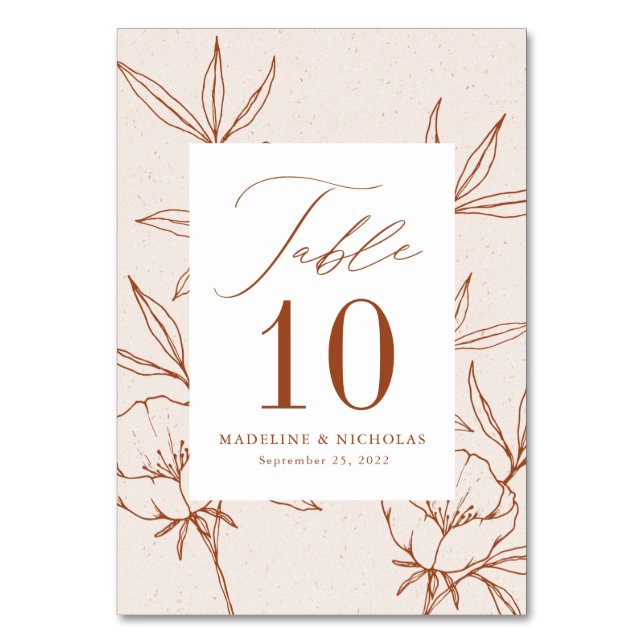 Numeração De Mesa Casamento Moderno de Creme e Canela com Floral Bot (Frente)