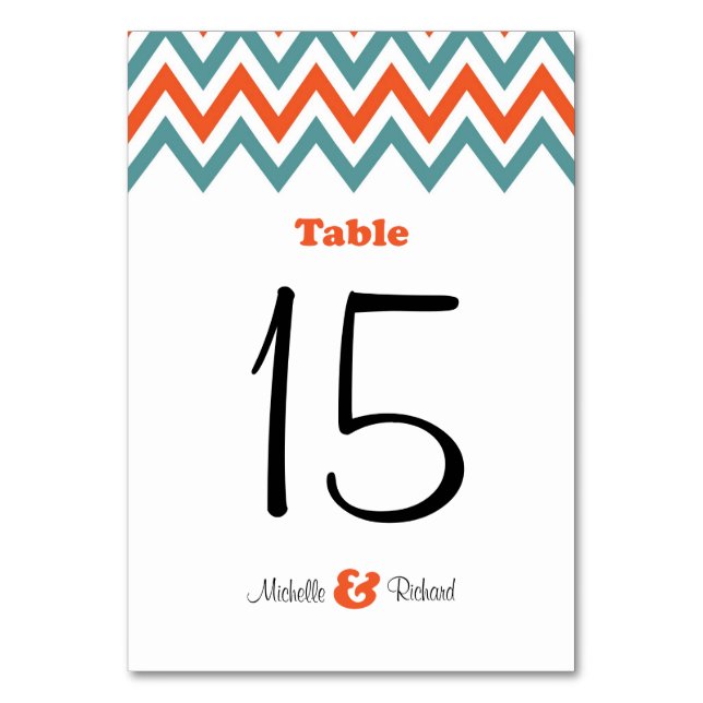 Numeração De Mesa Casamento Moderno de Teal & Orange Chevron & Loveb (Frente)