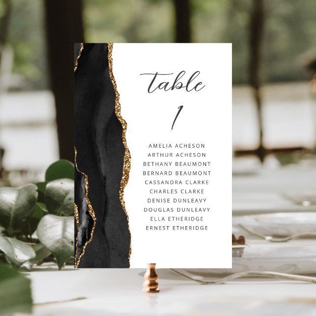 Numeração De Mesa Casamento Moderno em Script Ágata Preto Dourado (Criador carregado)