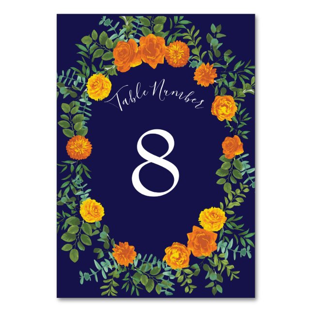 Numeração De Mesa Casamento Moderno Floral Rosa Azul e Laranja (Verso)