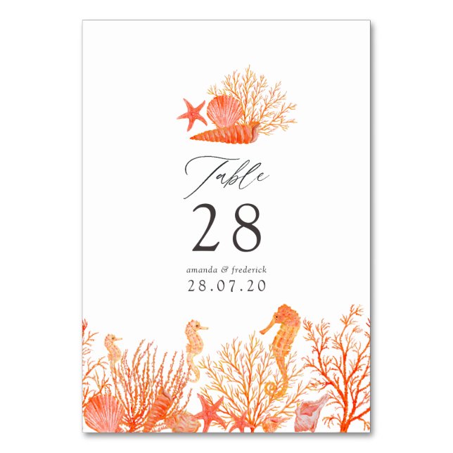 Numeração De Mesa Casamento na Praia com Aquarela Coral Vivo (Frente)