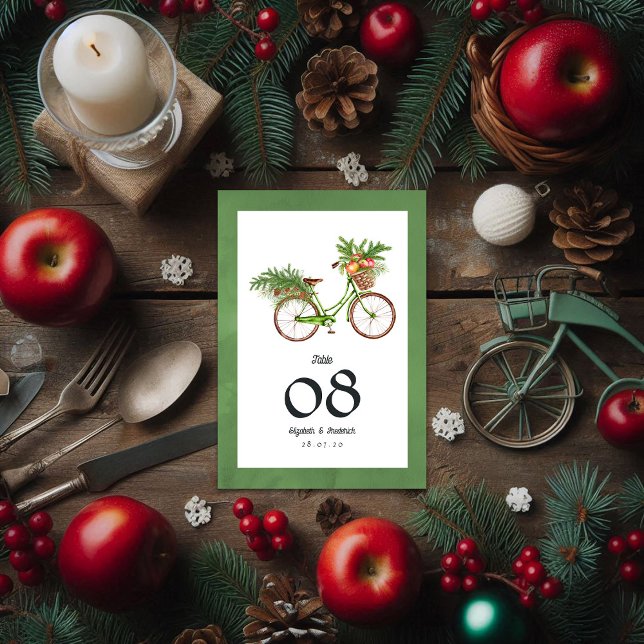 Numeração De Mesa Casamento no inverno de Bicicleta de Maçãs e Pinhõ (Christmas Apples and Pines Bicycle Winter Wedding Table Number Card)