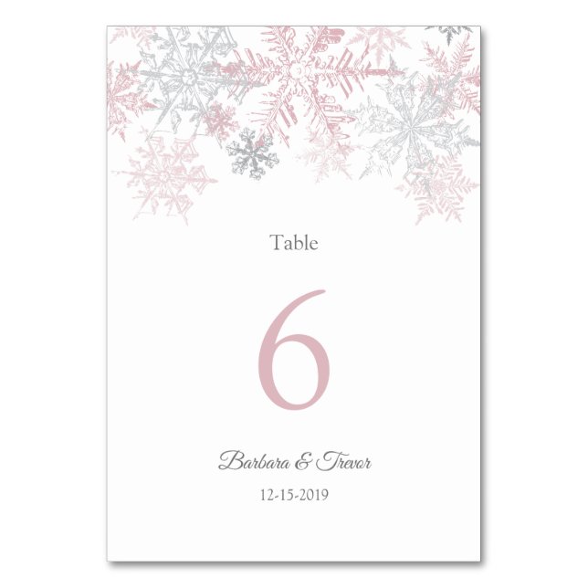 Numeração De Mesa Casamento no inverno Dusty Pink & Silver Snowflake (Frente)