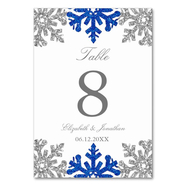 Numeração De Mesa Casamento no inverno Floco de Neve Azul de Prata (Frente)