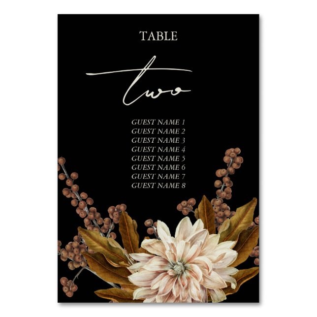 Numeração De Mesa Casamento outono de Aquarela Floral Preta (Frente)