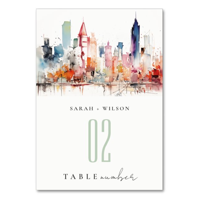 Numeração De Mesa Casamento Paisagem Aquarela Chicago Illinois (Frente)